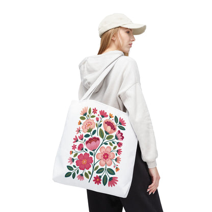Pink Floral Folk-Art Style Tote Bag featuring vibrant pink and fuchsia floral illustrations with dusty green leaves, perfect for carrying essentials, embodying FireBrook Essentials' joyful and uplifting design ethos.