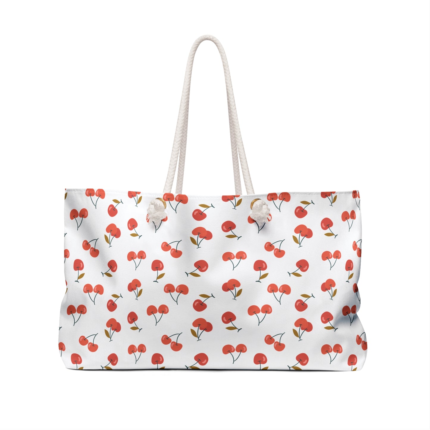 Cherry Weekender Bag with a playful red cherry pattern, featuring chic cream-colored rope handles. Spacious and durable, perfect for stylish summer getaways or as a delightful gift.