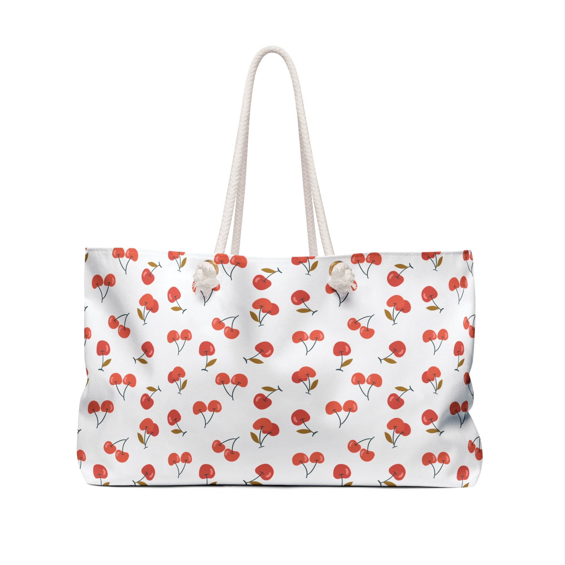 Cherry Weekender Bag with a playful red cherry pattern, featuring chic cream-colored rope handles. Spacious and durable, perfect for stylish summer getaways or as a delightful gift.
