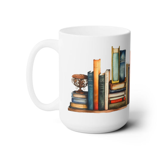 Books Ceramic 15 oz Coffee Mug features a captivating book design, perfect for educators, students, and book lovers. Made from durable ceramic with a comfortable C-handle, ideal for hot or cold beverages.