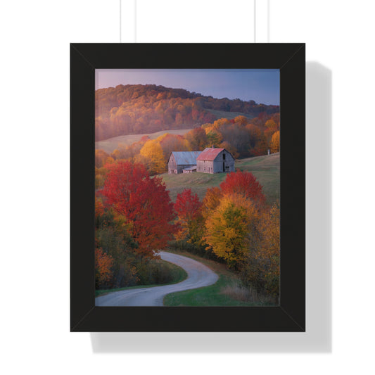 Vertical Poster - Countryside Fall Foliage Photography: A framed poster showcasing a serene countryside scene with a barn, red-leafed trees, and a winding road, capturing the vibrant essence of autumn.