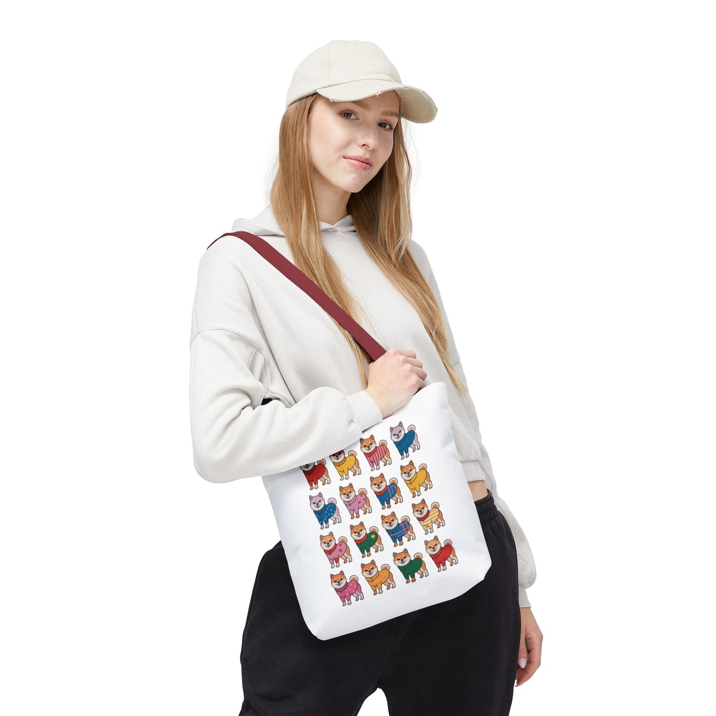 Shiba Inu Grid Tote Bag with Colorful Outfits, displaying cheerful Shiba Inus in unique attire, perfect for dog lovers. Durable polyester, seamless design, reinforced handles, ideal for joyful, everyday use.