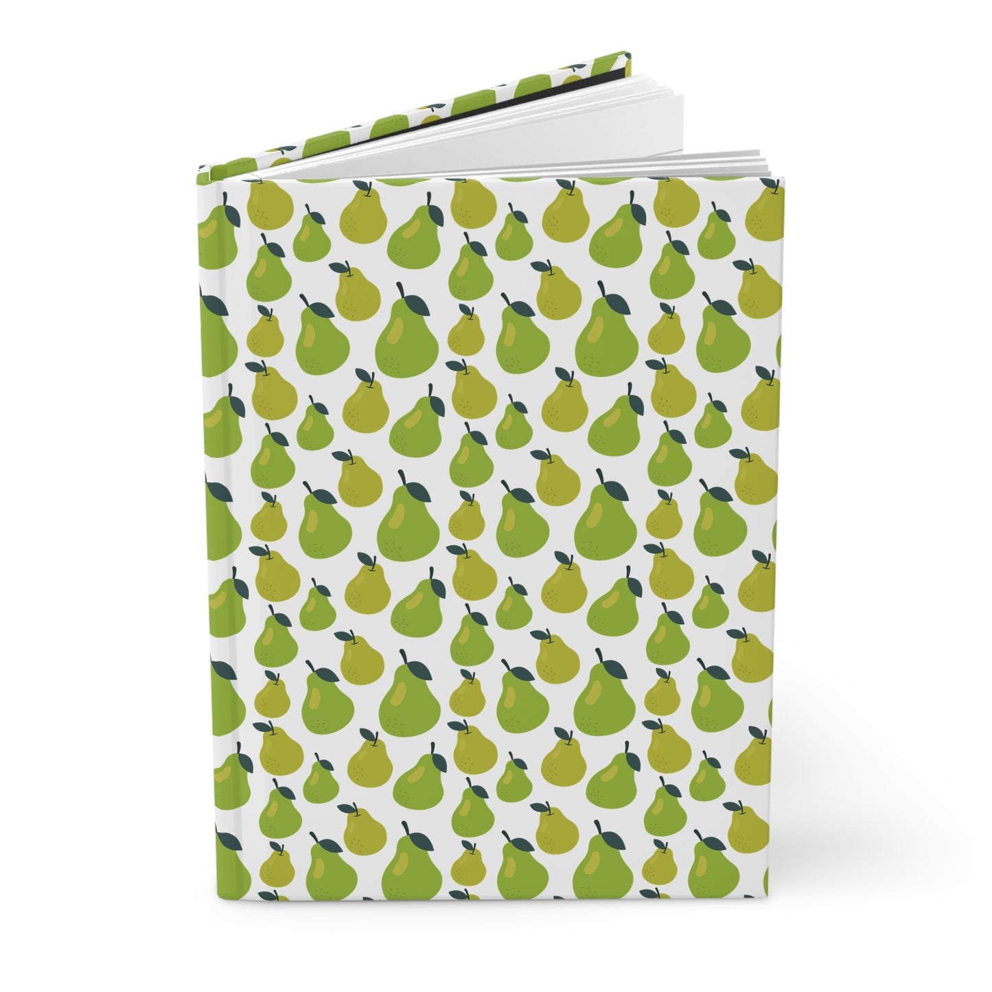 HARDCOVER JOURNAL, MATTE, RULED, 5X7, SEWN BIND, CLEAN-TEAR PAGES – PEAR, featuring a vibrant pattern of stylized pears on a durable cover, standing upright with slightly fanned pages.