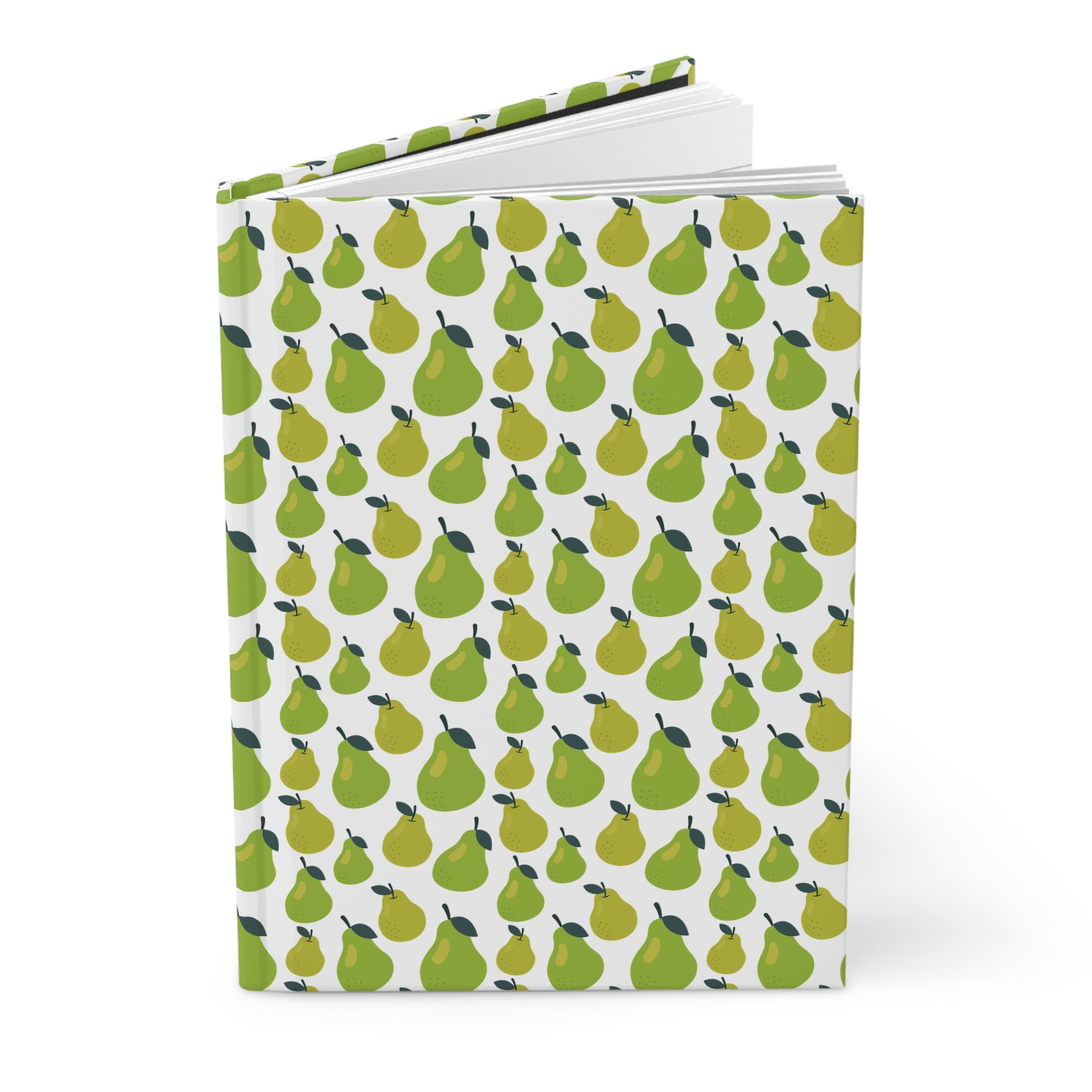 HARDCOVER JOURNAL, MATTE, RULED, 5X7, SEWN BIND, CLEAN-TEAR PAGES – PEAR, featuring a vibrant pattern of stylized pears on a durable cover, standing upright with slightly fanned pages.