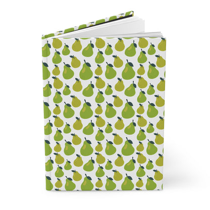 HARDCOVER JOURNAL, MATTE, RULED, 5X7, SEWN BIND, CLEAN-TEAR PAGES – PEAR, featuring a vibrant pattern of stylized pears on a durable cover, standing upright with slightly fanned pages.