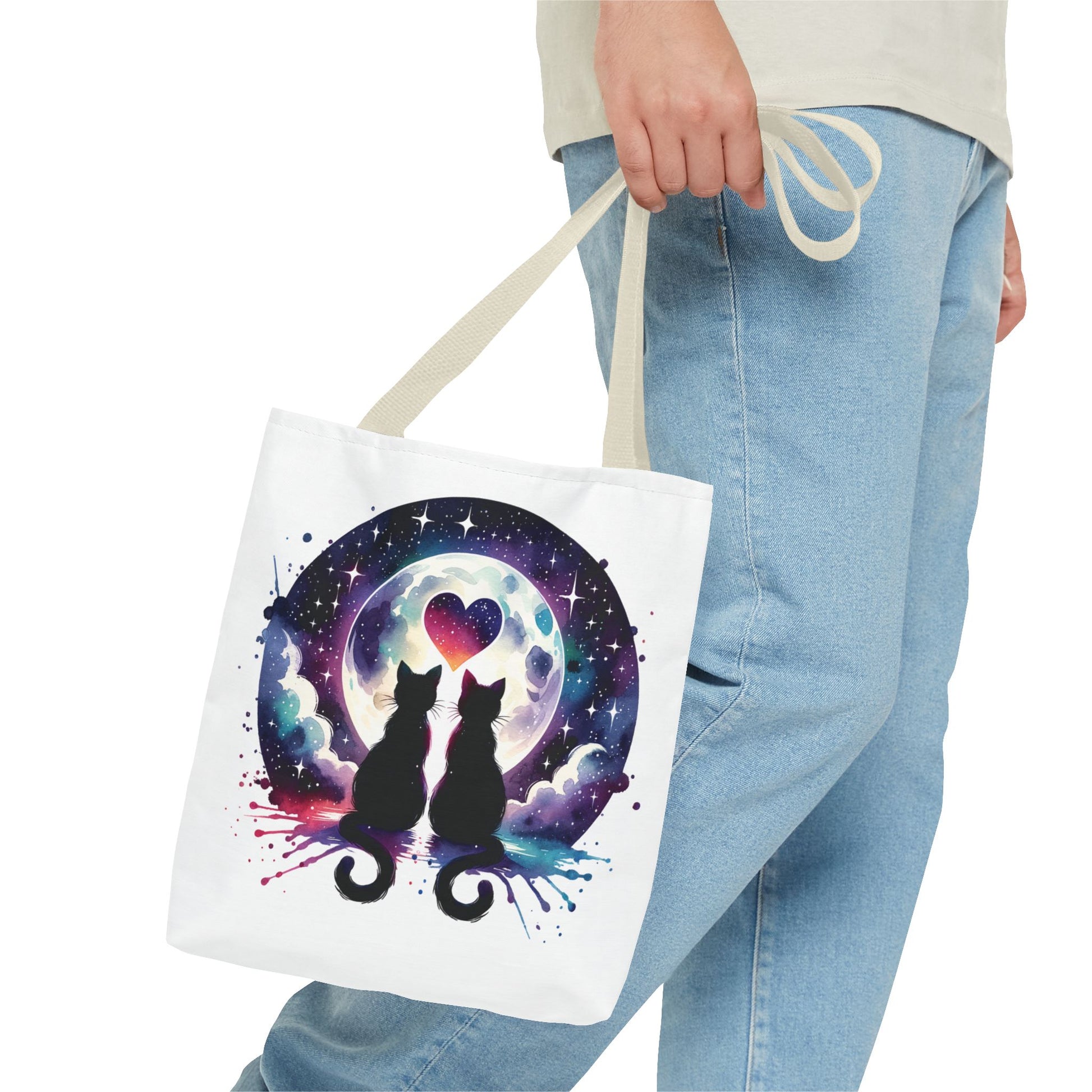 Copy of Cat Lovers Under the Moon Tote Bag featuring playful cat motifs, ideal for daily essentials. Durable polyester with reinforced handles, available in multiple sizes, embodying FireBrook Essentials' joyful, stylish approach.