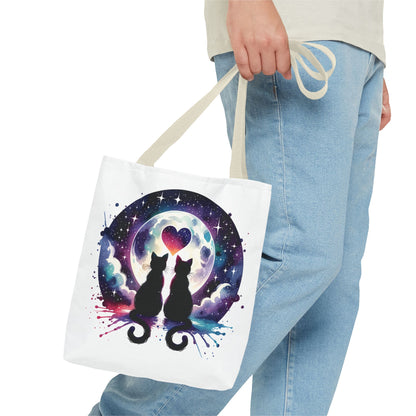 Copy of Cat Lovers Under the Moon Tote Bag featuring playful cat motifs, ideal for daily essentials. Durable polyester with reinforced handles, available in multiple sizes, embodying FireBrook Essentials' joyful, stylish approach.