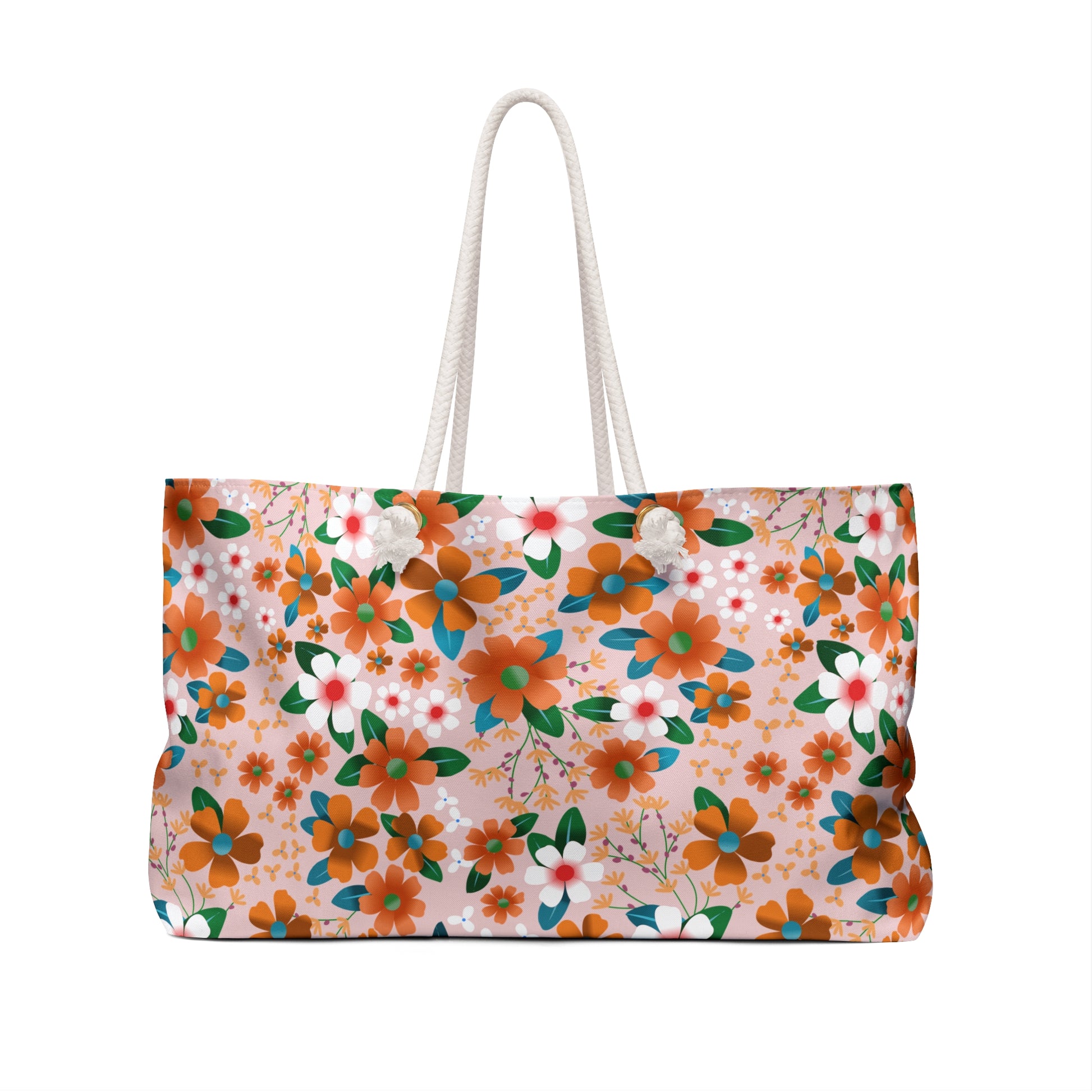 Weekender Bag with a vibrant floral pattern, featuring thick white rope handles and a T-bottom design, perfect for stylish travel. Made from wrinkle-resistant polyester, ideal for comfortable weekend getaways.