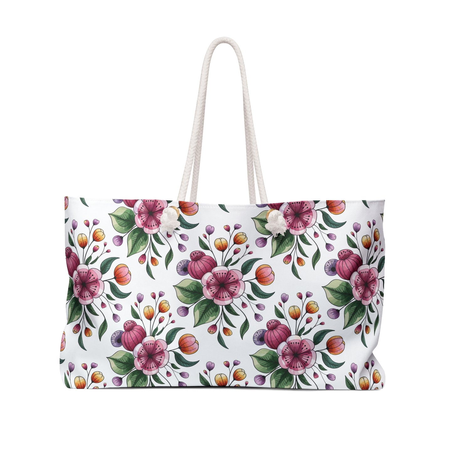 Botanical Weekender Bag featuring a whimsical floral and leaf pattern, designed for joyful travels. This spacious shoulder bag includes durable rope handles and a T-bottom, perfect for stylish getaways.