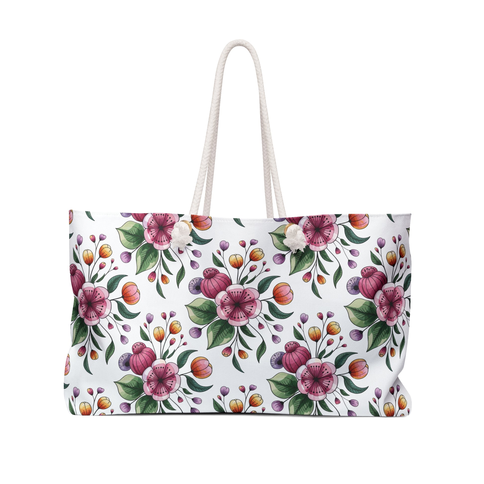 Botanical Weekender Bag featuring a whimsical floral and leaf pattern, designed for joyful travels. This spacious shoulder bag includes durable rope handles and a T-bottom, perfect for stylish getaways.