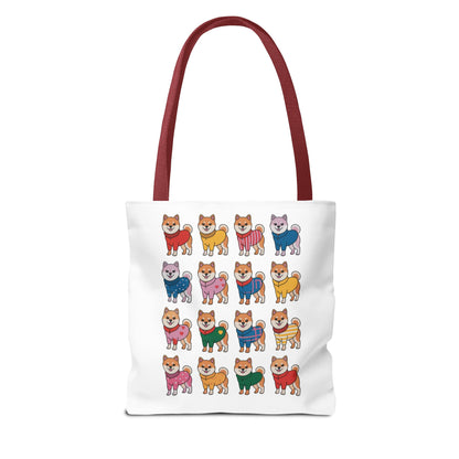 Shiba Inu Grid Tote Bag with Colorful Outfits showcases playful Shiba Inus in vibrant attire, perfect for dog lovers. Durable polyester with reinforced handles, ideal for stylish, joyful errands.