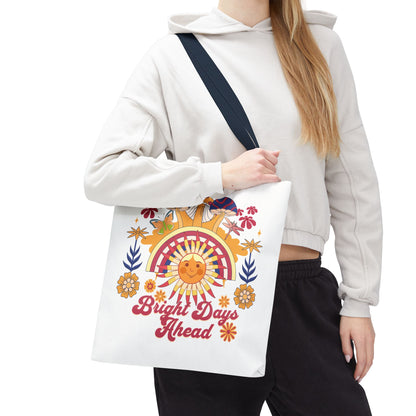 Bright Days Ahead Sunshine Floral Tote Bag featuring vibrant sunshine, flowers, and butterflies; ideal for adding cheer to beach outings, picnics, or market trips, embodying FireBrook Essentials' uplifting spirit.