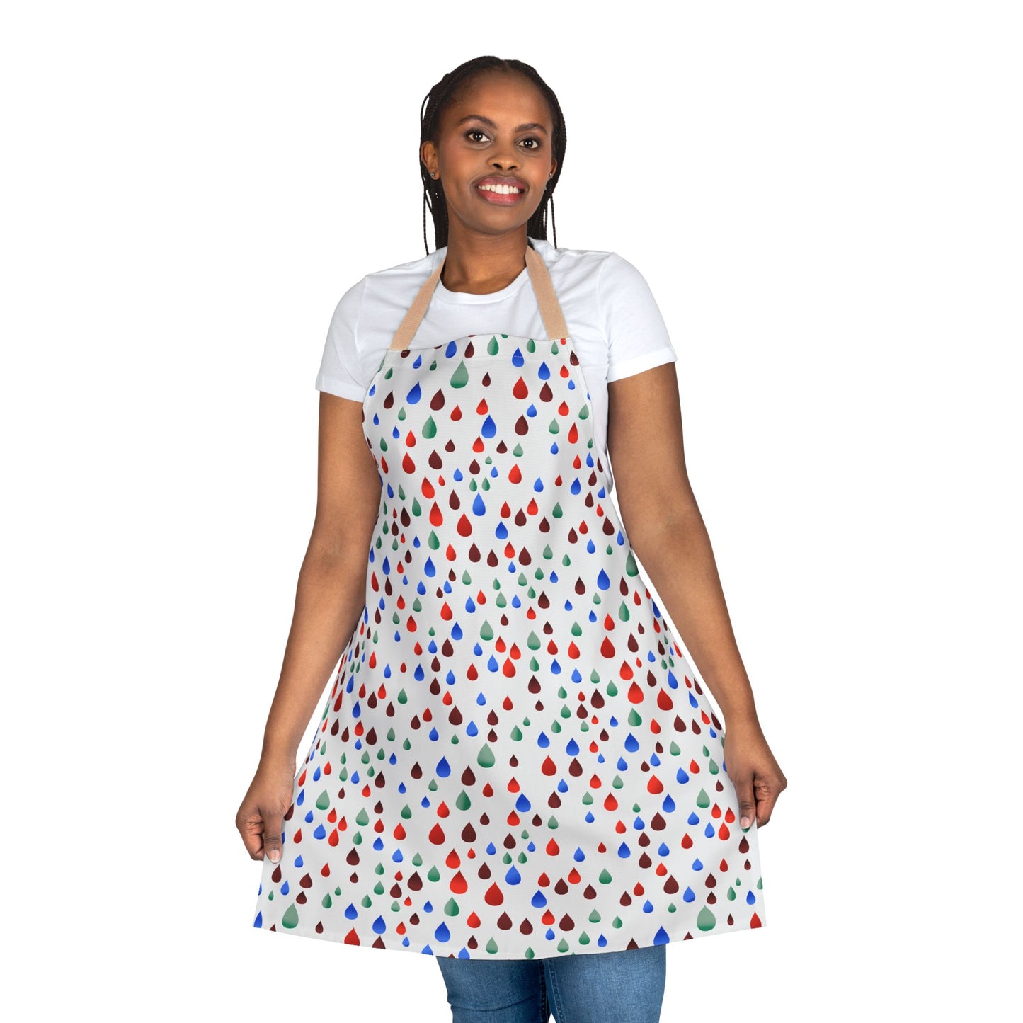 Person modeling the Happy Raindrops Apron, featuring vibrant teardrop motifs on a white background, perfect for kitchen activities. Made of soft, stain-free polyester canvas, offering comfort and style.
