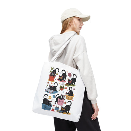 Cat Tote Bag - Curious Cat Design: A whimsical tote featuring a playful cat illustration, ideal for cat enthusiasts. Durable 100% polyester with reinforced handles, perfect for daily use and gifting.