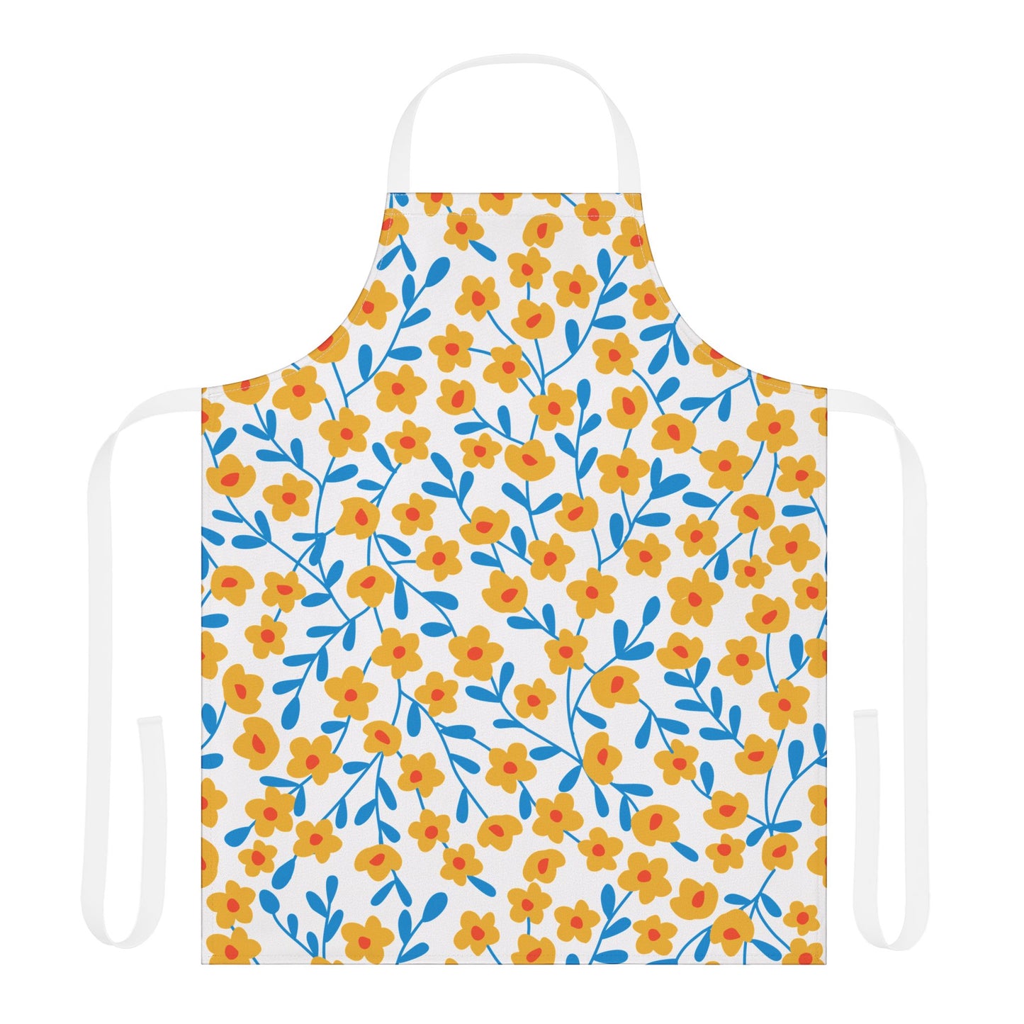 Floral Apron from FireBrook Designs features a white backdrop with stylized yellow-orange flowers and blue stems, offering a vibrant, comfortable fit with tie-back closure for joyful cooking experiences.