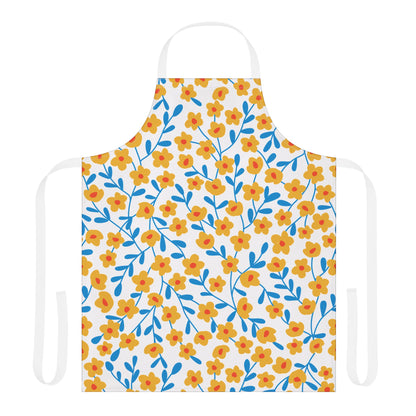 Floral Apron from FireBrook Designs features a white backdrop with stylized yellow-orange flowers and blue stems, offering a vibrant, comfortable fit with tie-back closure for joyful cooking experiences.