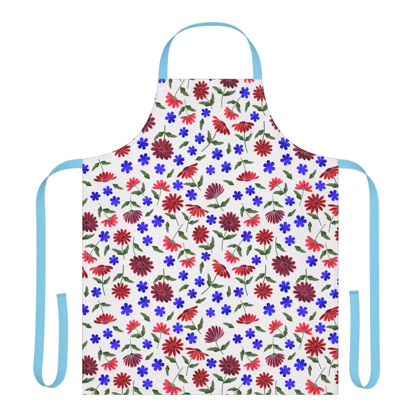 Floral Apron with scattered red and burgundy daisies and blue flowers, featuring light blue neck loop and waist ties. Made from soft polyester canvas, ideal for joyful cooking and crafting.