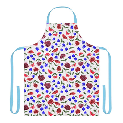 Floral Apron with scattered red and burgundy daisies and blue flowers, featuring light blue neck loop and waist ties. Made from soft polyester canvas, ideal for joyful cooking and crafting.