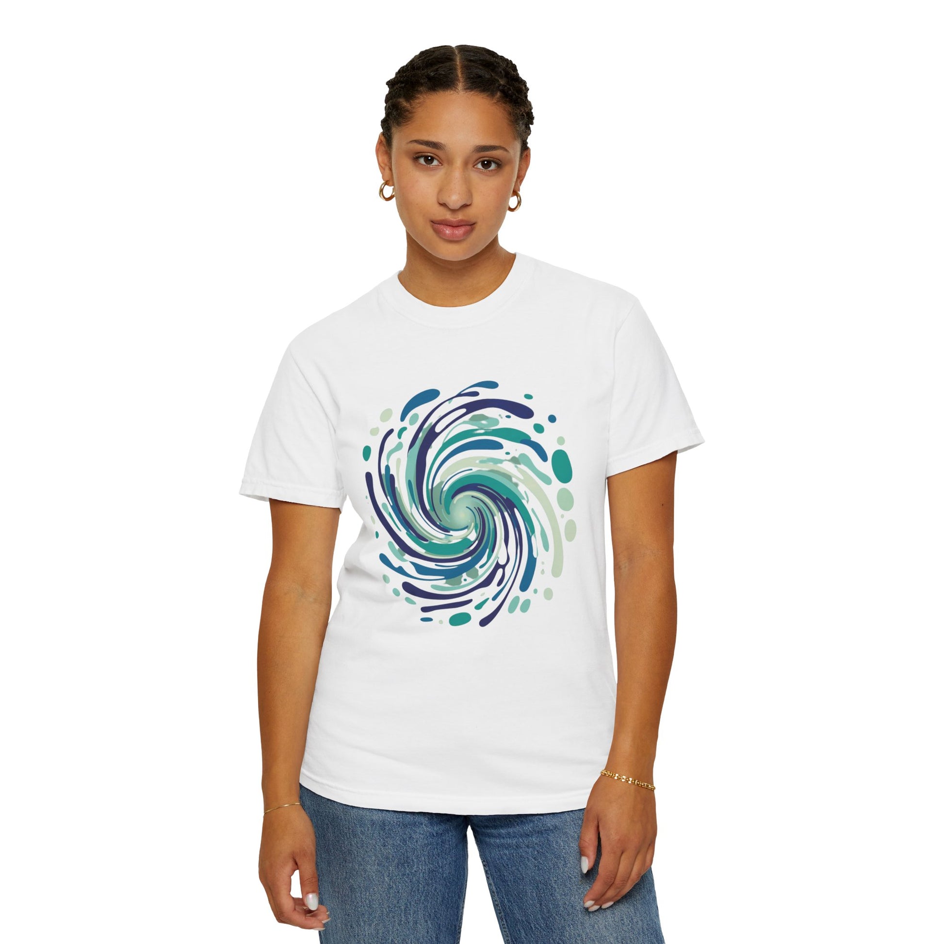 Ocean Waves Abstract T-Shirt features a modern, swirling ocean-inspired design with fluid lines and bubble-like shapes. Perfect for beach outings, it embodies FireBrook Essentials' commitment to stylish, uplifting apparel.
