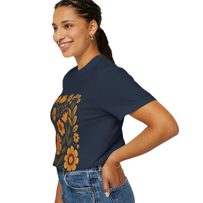 Folk Art in Warm Yellows Floral T-Shirt featuring an intricate folk art floral design in warm tones. Ideal for casual wear, showcasing double-needle stitching and relaxed fit, aligning with FireBrook Essentials' uplifting style.