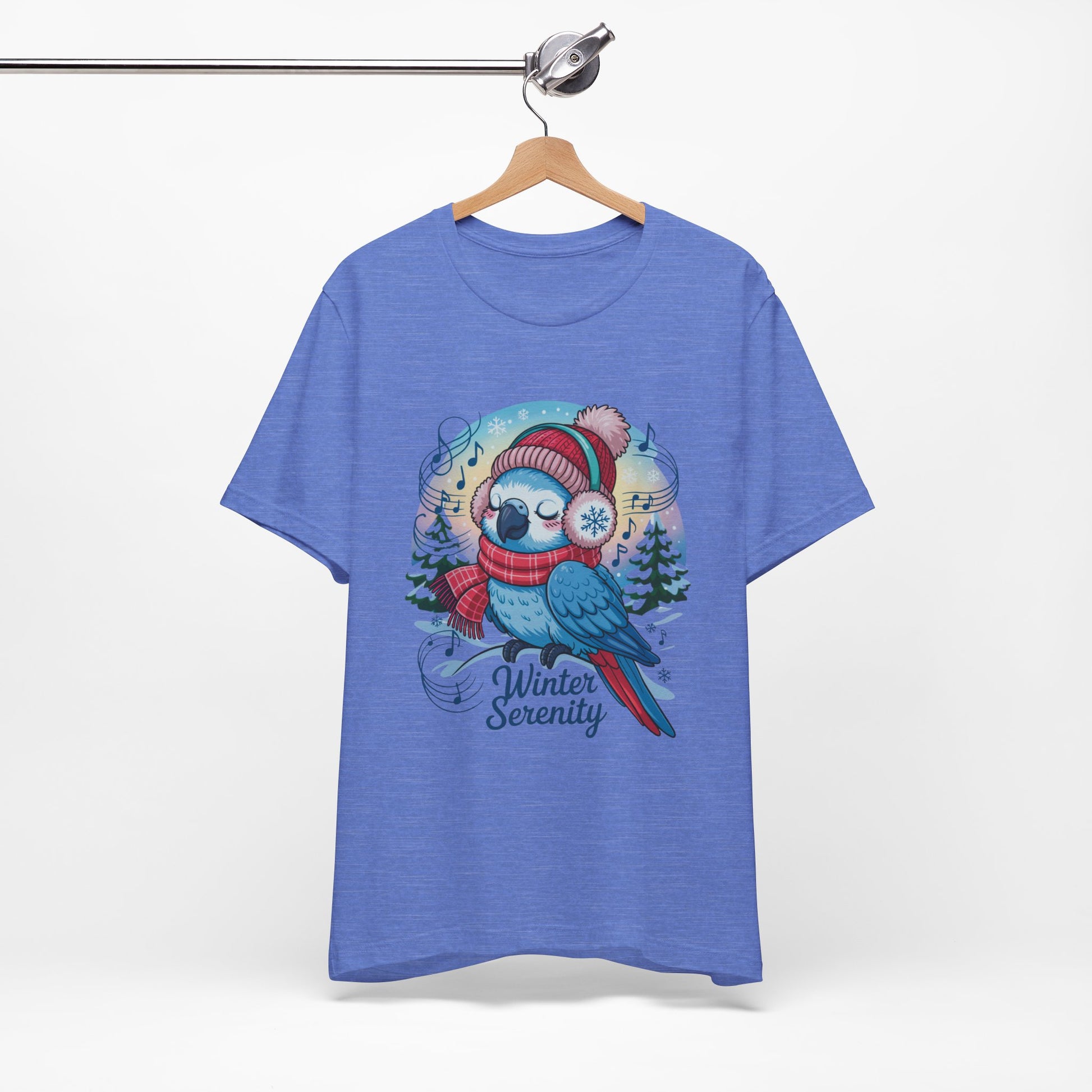 Winter Serenity Cute Baby Parrot Unisex T-Shirt featuring a playful parrot design, perfect for casual holiday wear. Made from 100% Airlume cotton with a retail fit, ideal for bird lovers.