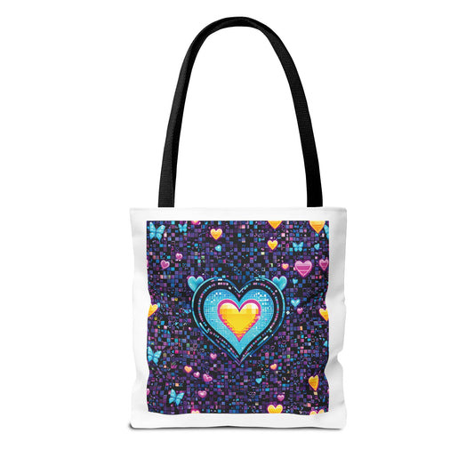 Heart Pixelated Nostalgic Cyber-Aesthetic Tote Bag with pixelated hearts and cyber motifs, showcasing a durable, stylish design perfect for everyday use. A unique, trendy accessory from FireBrook Essentials.