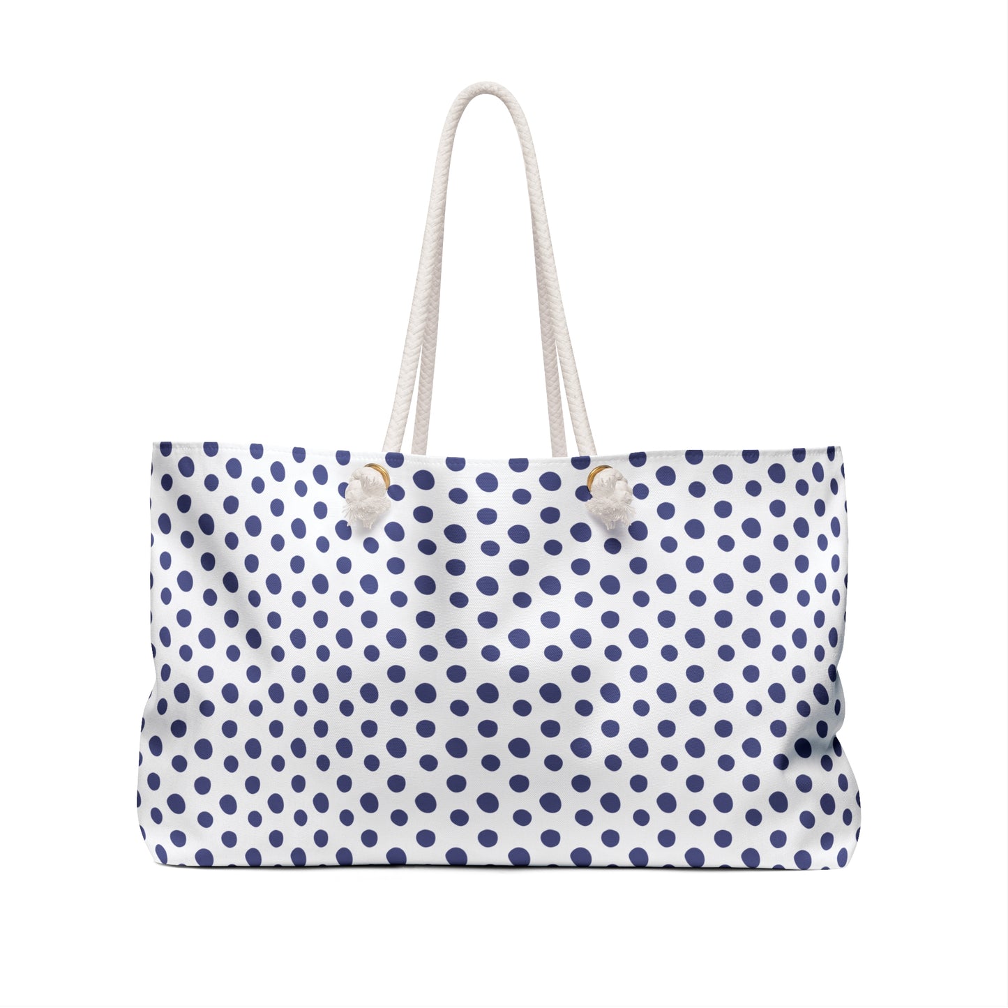 Weekender Bag - Blue Polka Dots Print features a classic design with blue dots, durable spun polyester, elegant rope handles, and a cream interior, perfect for weekend adventures and retro-inspired style.