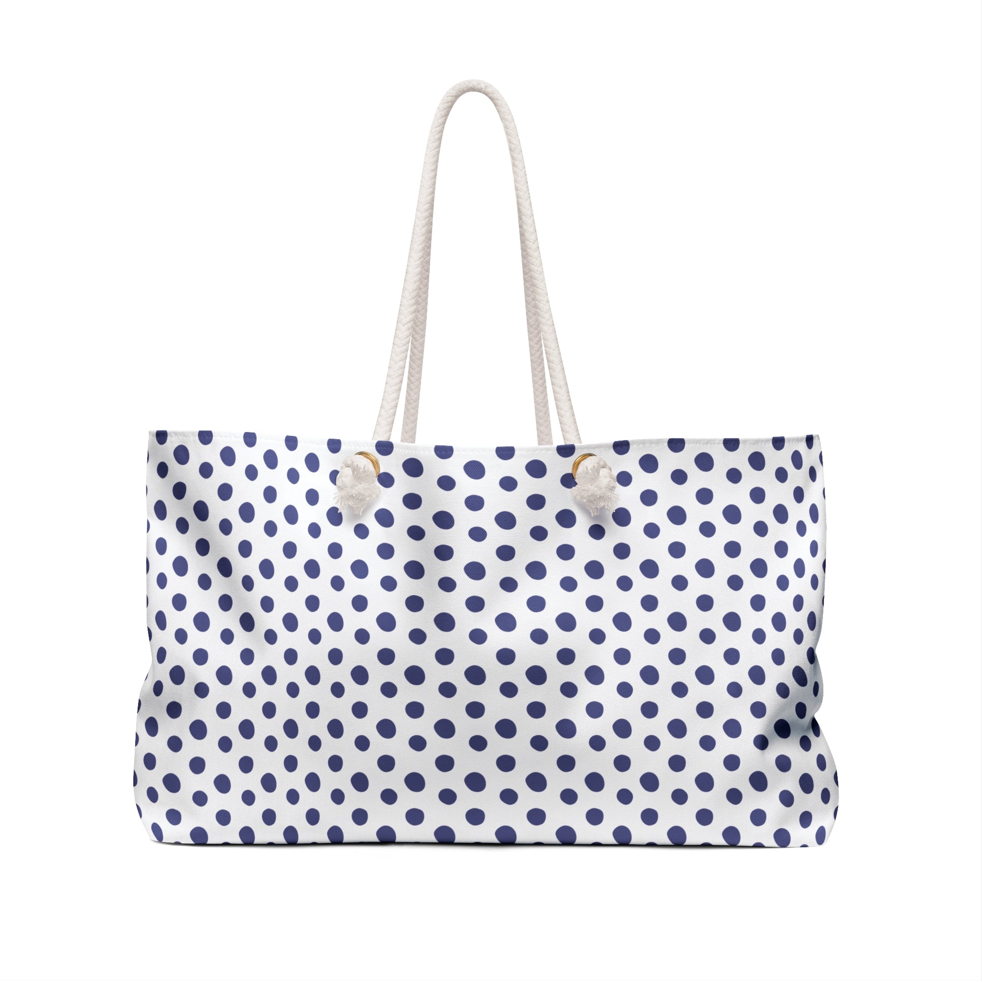 Weekender Bag - Blue Polka Dots Print features a classic design with blue dots, durable spun polyester, elegant rope handles, and a cream interior, perfect for weekend adventures and retro-inspired style.