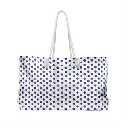 Weekender Bag - Blue Polka Dots Print features a classic design with blue dots, durable spun polyester, elegant rope handles, and a cream interior, perfect for weekend adventures and retro-inspired style.