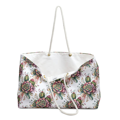 Weekender Bag - Vibrant Succulents and Cacti Cluster Print: A stylish, practical accessory featuring vivid botanical designs, rope handles, and gold grommets, perfect for nature-loving travelers seeking comfort and style.