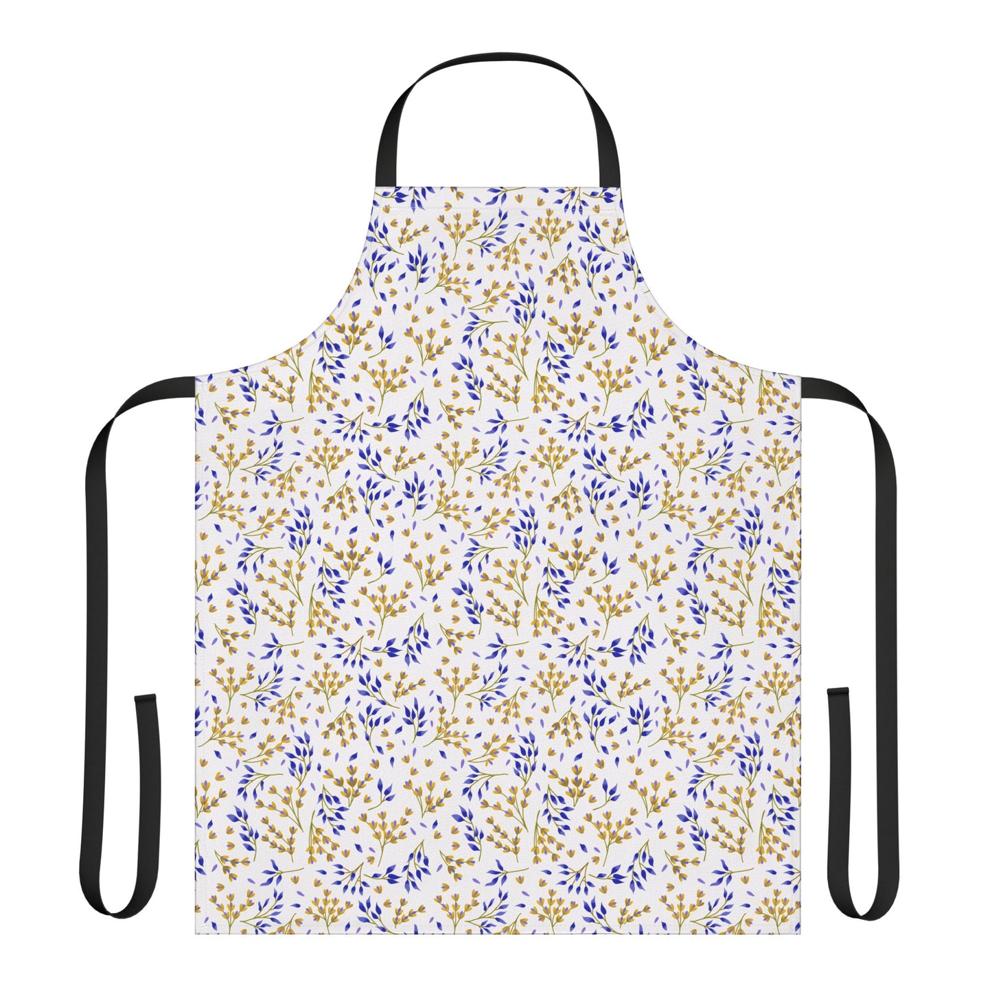 Floral Apron featuring a full-coverage design with vibrant botanical prints, complemented by black ties. Crafted from soft, stain-free polyester canvas, ideal for various activities, reflecting FireBrook Designs' joyful, stylish approach.