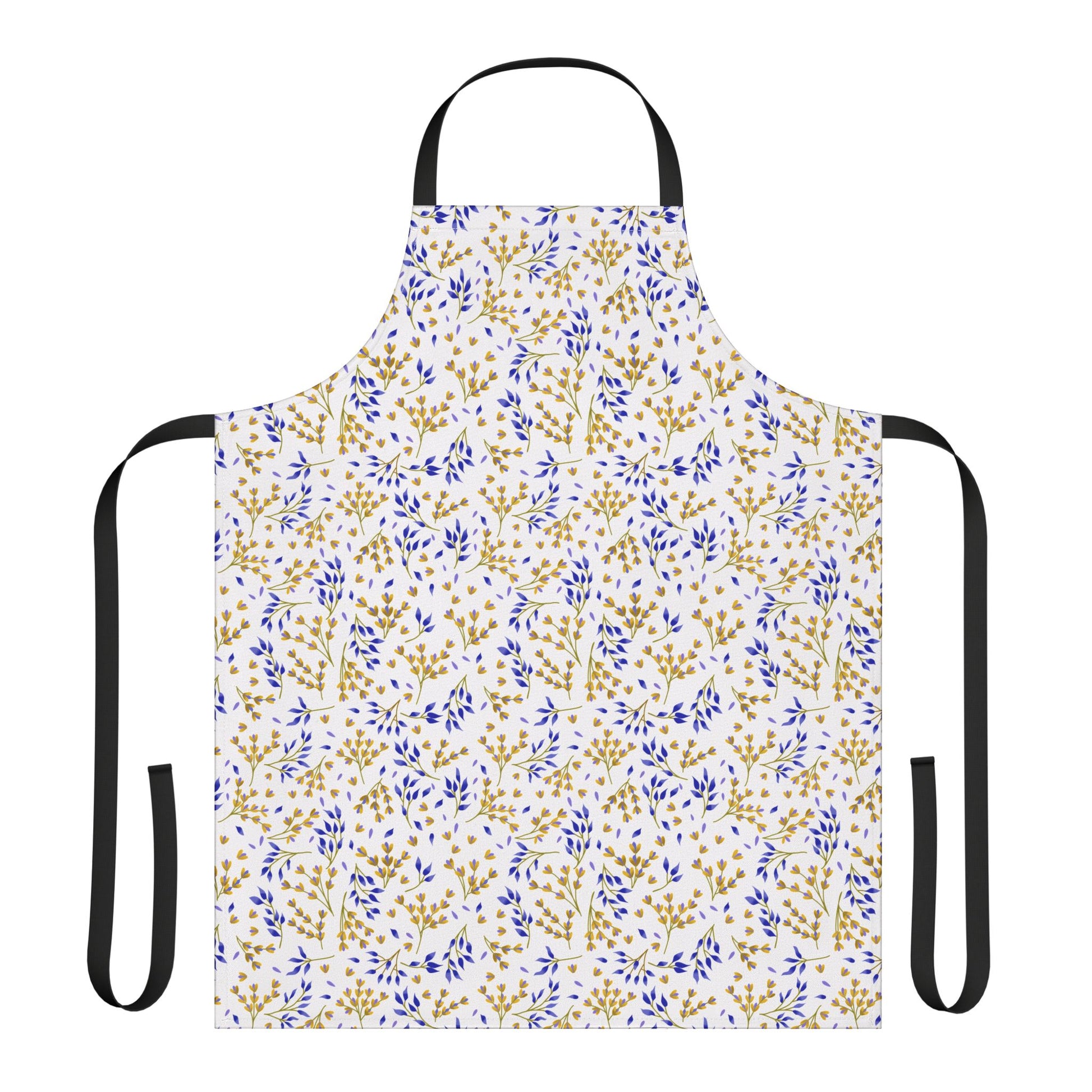 Floral Apron featuring a full-coverage design with vibrant botanical prints, complemented by black ties. Crafted from soft, stain-free polyester canvas, ideal for various activities, reflecting FireBrook Designs' joyful, stylish approach.
