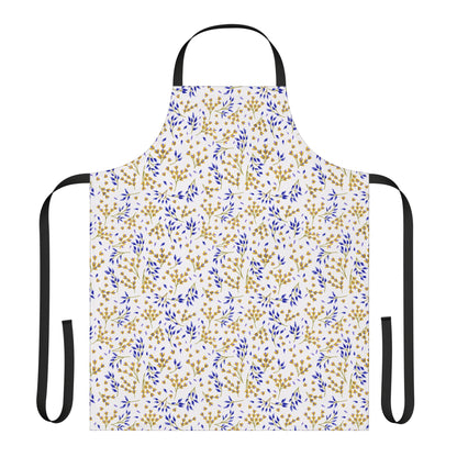 Floral Apron featuring a full-coverage design with vibrant botanical prints, complemented by black ties. Crafted from soft, stain-free polyester canvas, ideal for various activities, reflecting FireBrook Designs' joyful, stylish approach.