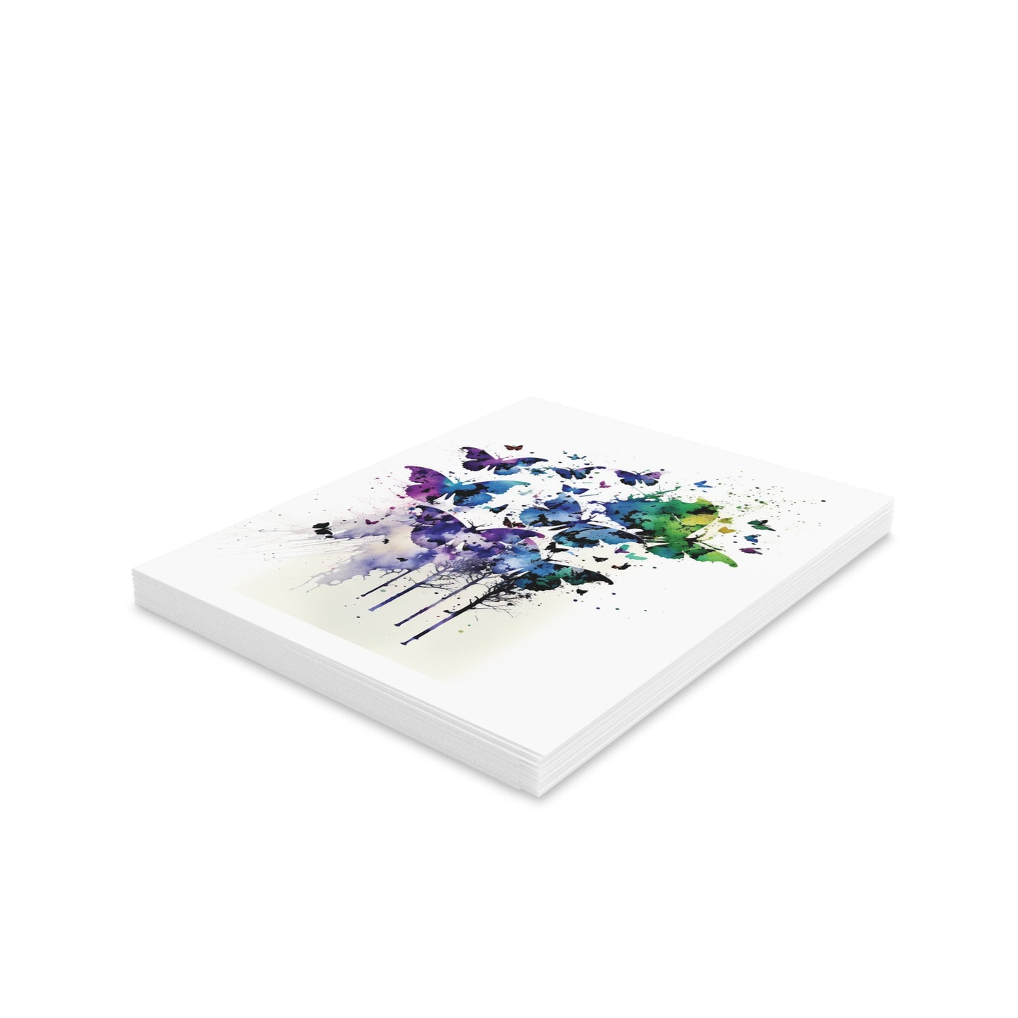 Butterfly Greeting Cards — Pack of 8/16/24, featuring vivid watercolor-style butterfly designs on matte-finish cards, each with a matching envelope, perfect for sending uplifting messages or celebrating special moments.