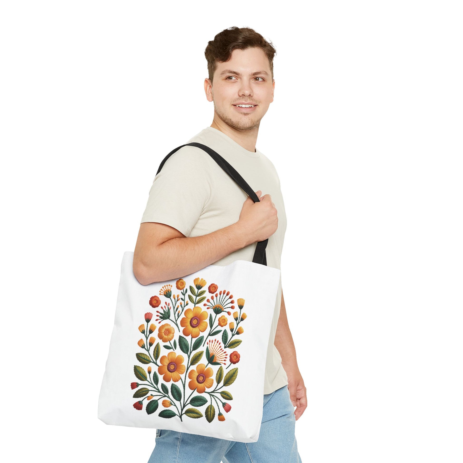 Folk Art Floral Faux Embroidery Style Tote Bag showcasing a vibrant floral design with earthy tones, ideal for everyday use by nature lovers and art enthusiasts, embodying FireBrook Essentials' uplifting and stylish ethos.