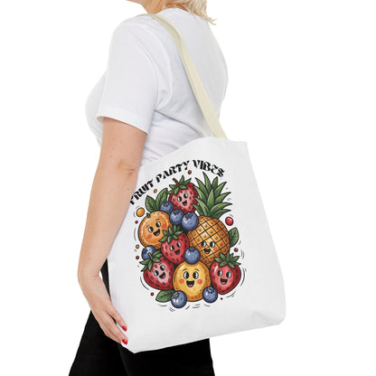 Fruit Party Tote Bag - Fun Summer Vibes: A durable 100% polyester tote with reinforced handles and boxed corners, ideal for groceries, beach trips, and errands, embodying joyful, colorful summer themes.