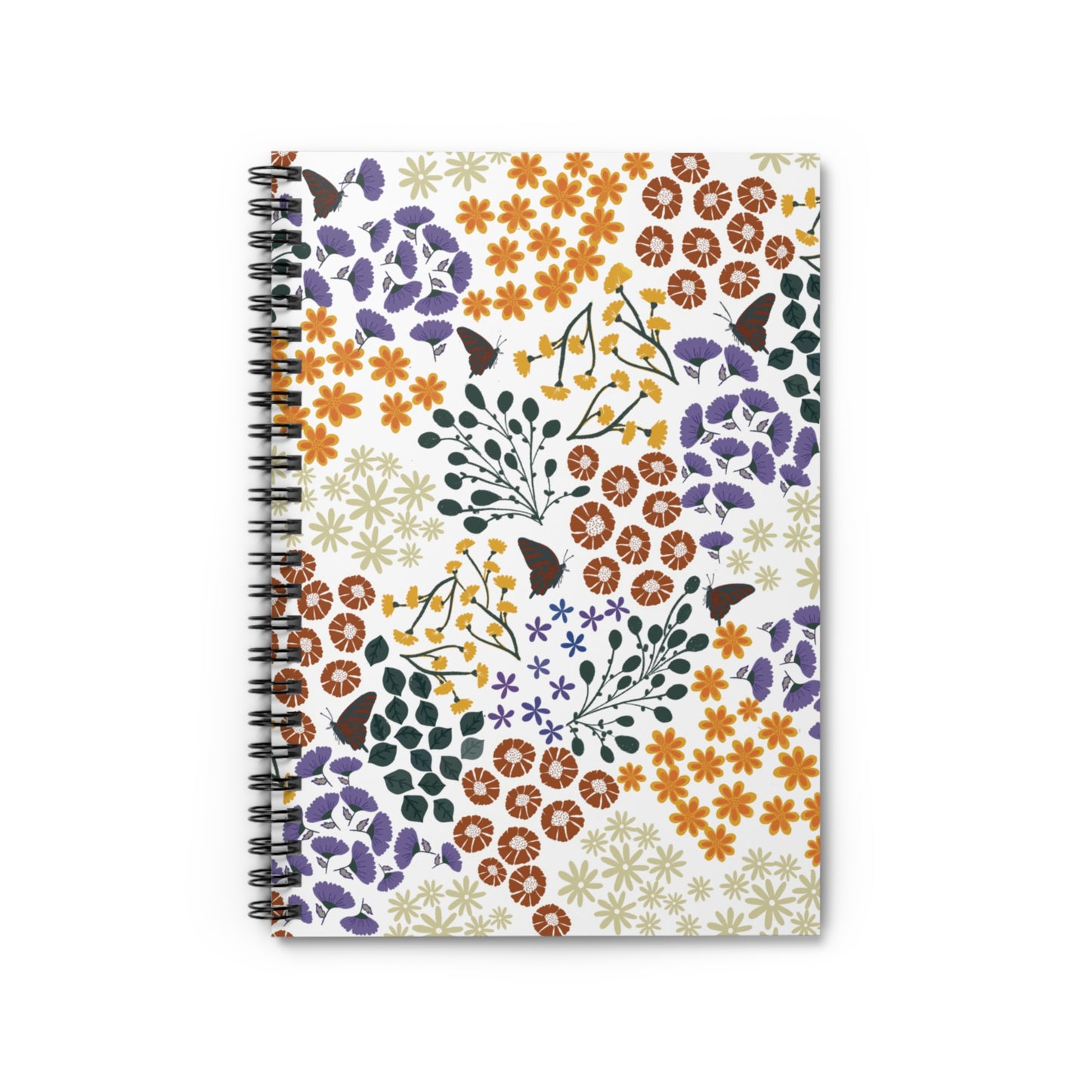 Floral Spiral Notebook with vibrant botanical patterns and butterflies on a white cover, featuring a sleek metal spiral binding for easy page turning, embodies FireBrook Designs' joyful and uplifting aesthetic.