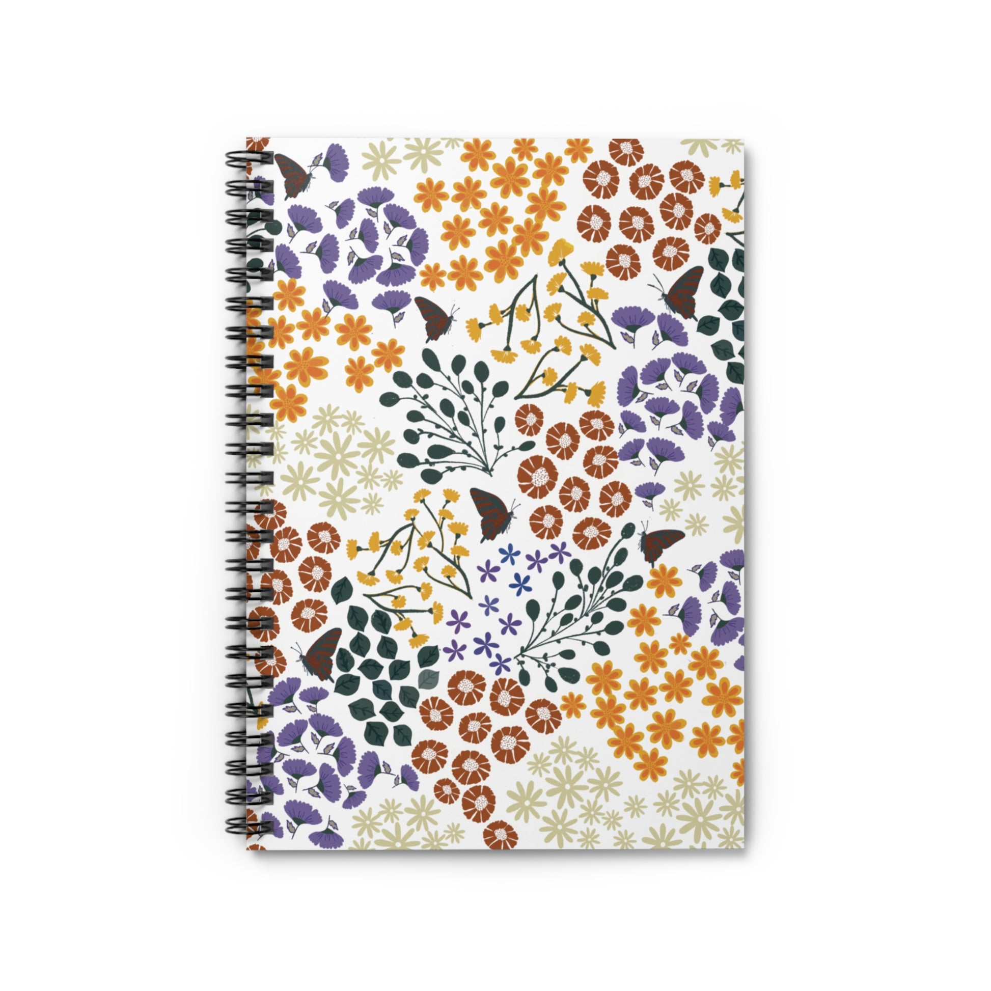 Floral Spiral Notebook with vibrant botanical patterns and butterflies on a white cover, featuring a sleek metal spiral binding for easy page turning, embodies FireBrook Designs' joyful and uplifting aesthetic.