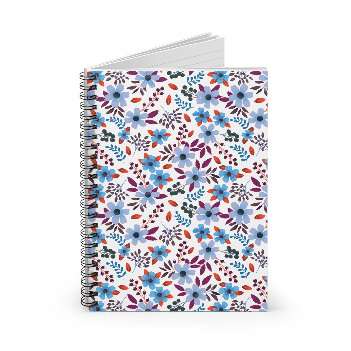 Floral Spiral Notebook with a vibrant floral pattern on the cover, showcasing open blank lined pages for creative note-taking or journaling, featuring a sturdy metal spiral binding for easy page turning.
