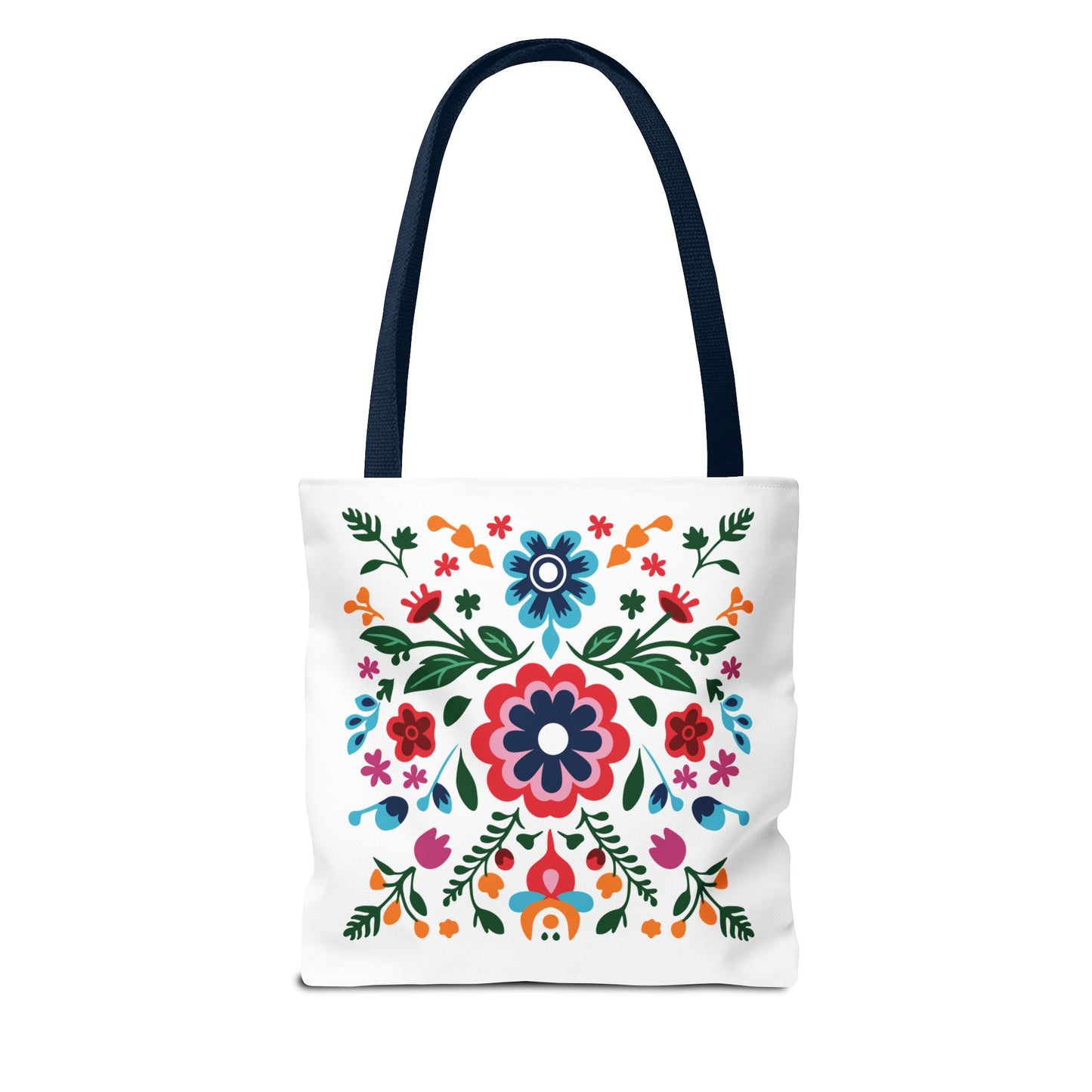 Floral Tote Bag featuring colorful flower designs on a white background, ideal for everyday use with reinforced handles and spacious interior.
