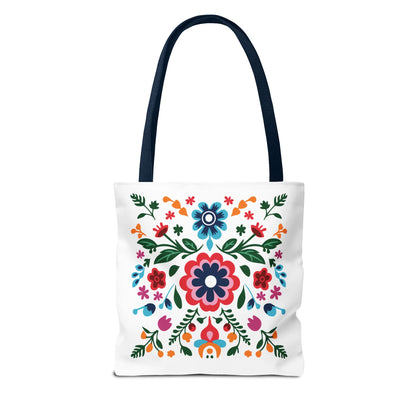 Floral Tote Bag featuring colorful flower designs on a white background, ideal for everyday use with reinforced handles and spacious interior.