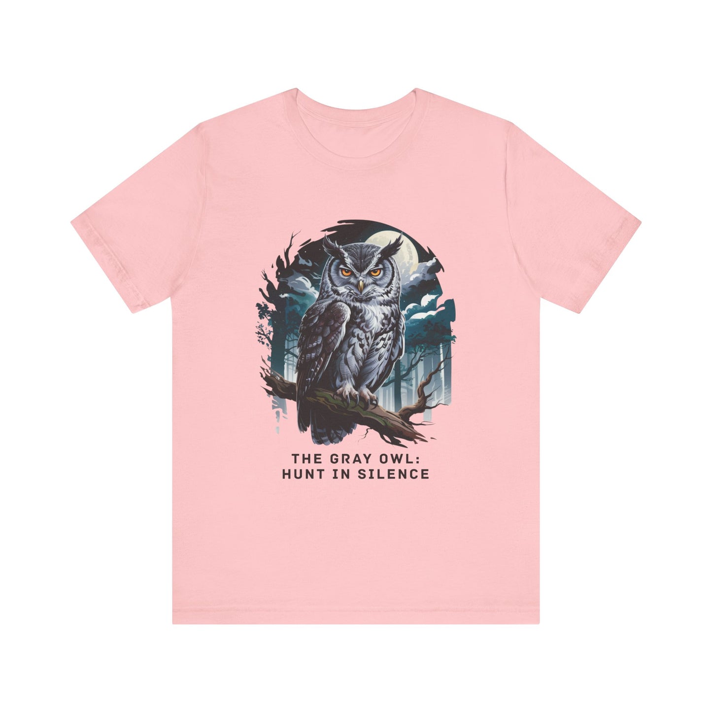 The Gray Owl: Hunt in Silence Bella+Canvas Unisex T-Shirt features a detailed owl print, perfect for nature enthusiasts, showcasing FireBrook Essentials' commitment to stylish, comfortable apparel.