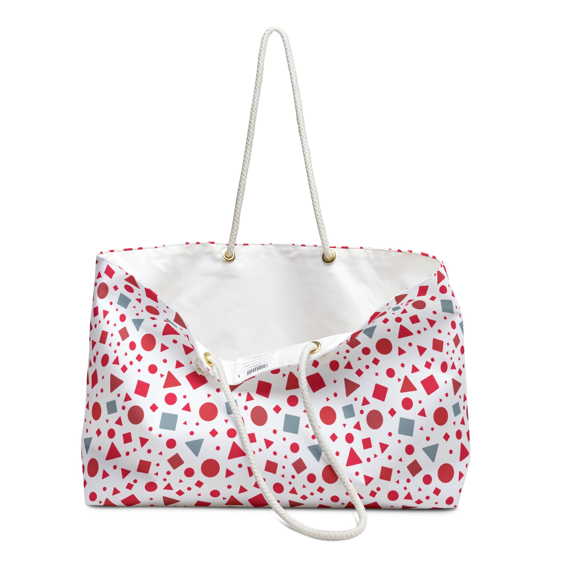 Geometric Pattern Weekender Bag – Red & Light Blue Modern Travel Tote: Spacious tote with bold geometric shapes, featuring rope handles, perfect for stylish travel or daily use, aligning with FireBrook Designs' uplifting style.