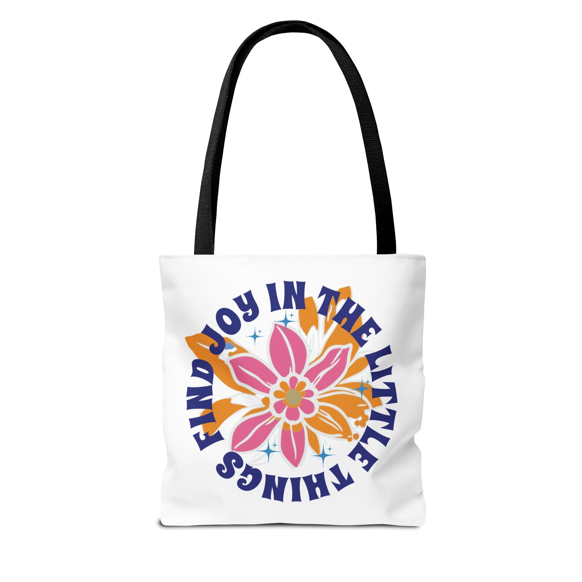 Find Joy in Little Things Tote Bag featuring a floral design and uplifting text, perfect for versatile use and spreading positivity. Designed for durability and style with reinforced handles.