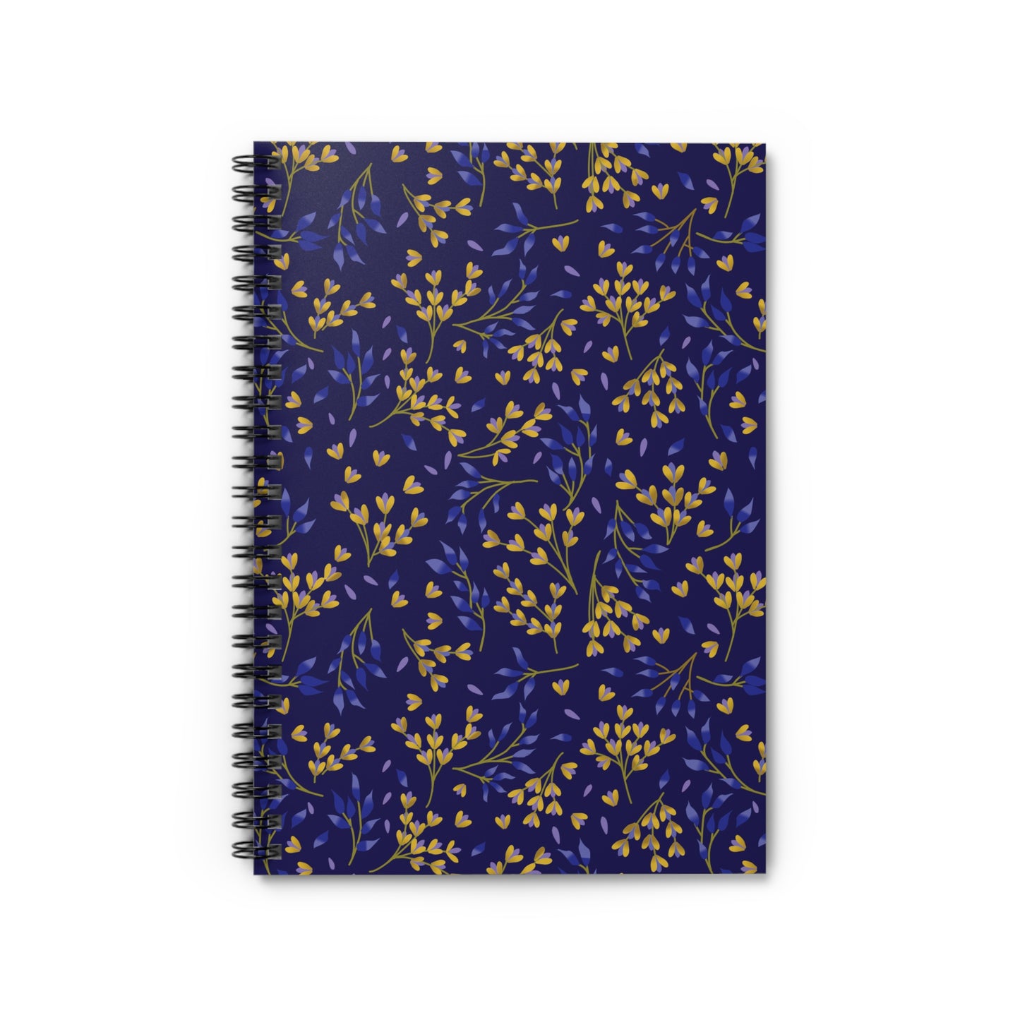 Floral Spiral Notebook with a dark navy cover featuring golden yellow and blue leafy sprigs, bound by sleek metal spirals on the left, ideal for students and creatives alike.