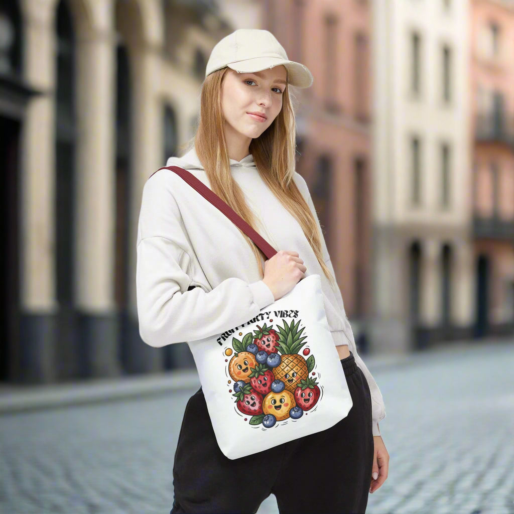 Fruit Party Tote Bag - Fun Summer Vibes: A vibrant tote bag showcasing playful fruit patterns, ideal for groceries, beach trips, or errands, with reinforced handles and boxed corners for extra space.