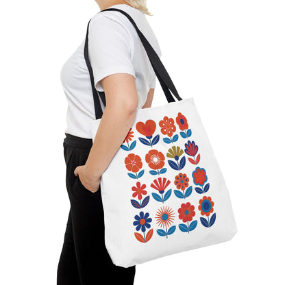 Floral Tote Bag featuring mid-century modern floral design, ideal for stylish, everyday use. Durable with reinforced stitching and boxed corners, embodying FireBrook Essentials' blend of comfort, style, and positivity.