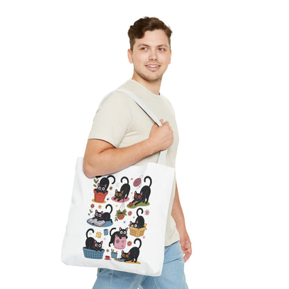 Cat Tote Bag - Curious Cat Design featuring a whimsical cat illustration, perfect for carrying essentials. Durable polyester with reinforced handles, ideal for cat lovers seeking a playful yet practical accessory from FireBrook Essentials.