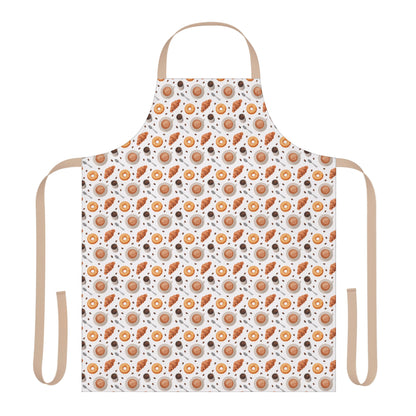 Apron Coffee Cups Donuts Croissants Beans Spoon: A charming polyester canvas apron with coffee-themed designs, featuring tie-back closure for comfort. Perfect for baking, cooking, or hosting brunches.