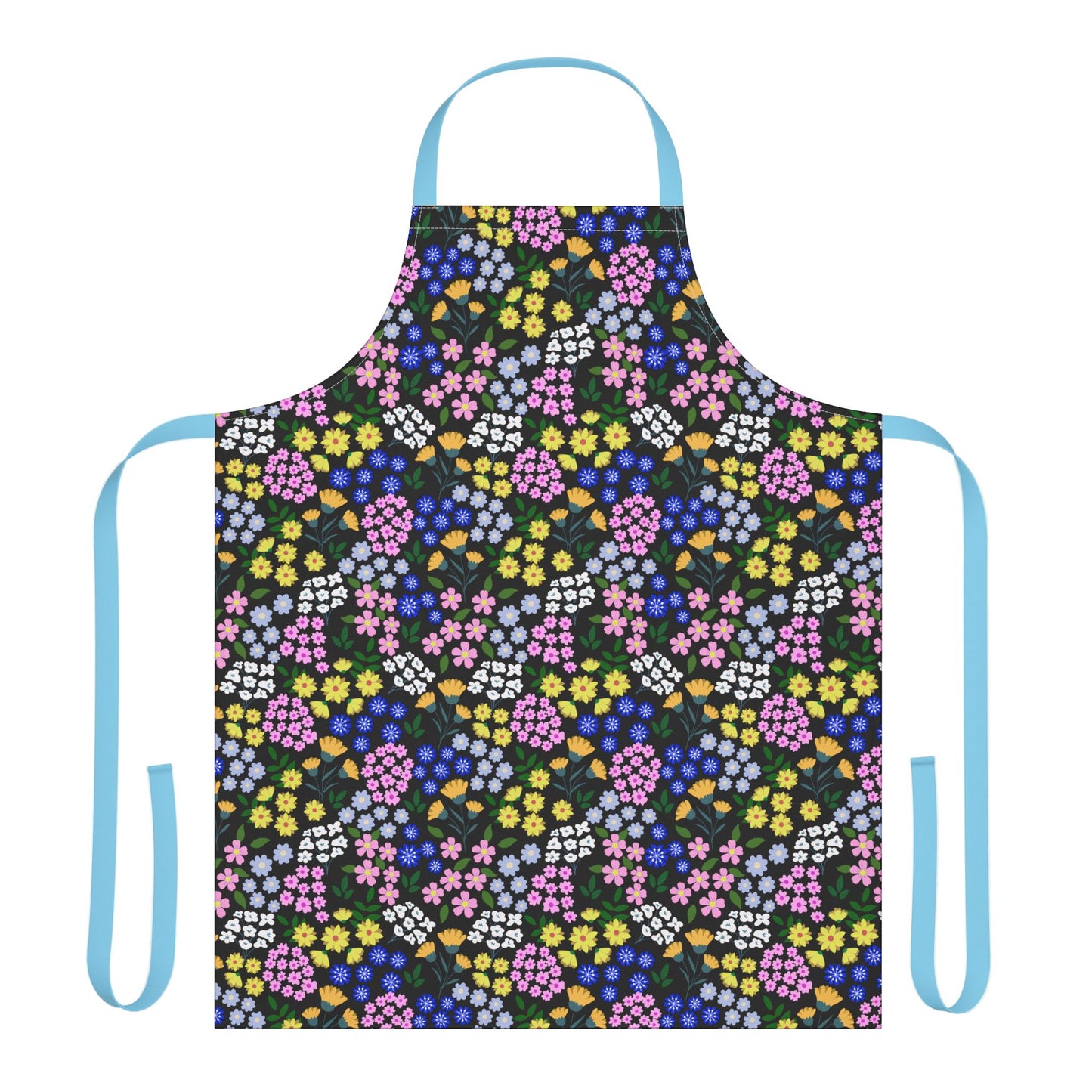 Apron Floral Design features a vibrant floral pattern on a black background, with light blue ties. Made from 100% polyester canvas, it's stain-free and comfortable, perfect for cooking or crafting.